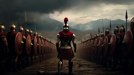 整列するローマ軍兵士とその指揮を執る将軍 - obrazy, fototapety, plakaty