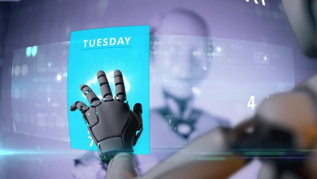 weather forecast prediction with a.i. robot realistic humanoid machine. nonstop perfect digital forecast for customer