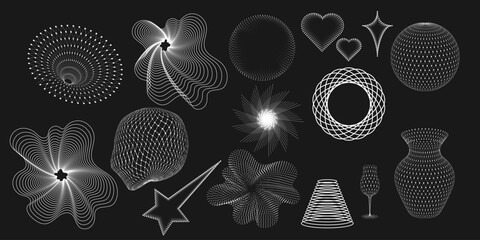 Wireframe geometric shapes and meshes on dark background. Abstract 3D patterns in trendy psychedelic style. Y2k. - obrazy, fototapety, plakaty