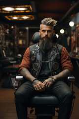 Fototapeta na wymiar A portrait of a confident and stylish barber in a salon, showcasing an aura of expertise with his elaborate leather barber jacket and thoughtful expression