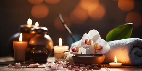 Spa still life with orchid flower and candles on wooden background - generative ai