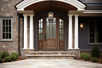 Timeless Elegance Georgian Style Home's Wooden Front Door and Gabled Porch. created with Generative AI