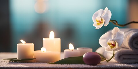 Fototapeta na wymiar Spa and wellness setting with white orchid flowers, candles and towels - generative ai