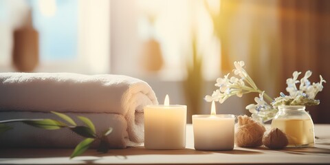 Spa still life with candles, towels and flowers on light background - generative ai