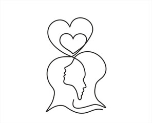 One continuous single line of heads with hearts silhouette as love, mental health or emotional intelligence concept