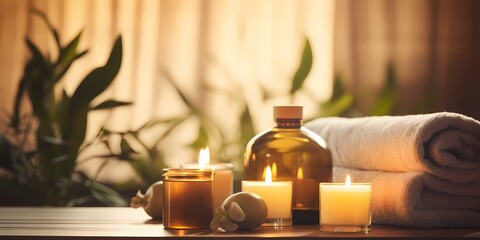 Spa still life with candles, towels and massage oil on wooden table - generative ai