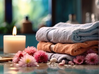 Obraz na płótnie Canvas Soap, towel, flowers in bathroom, on blurred spa background