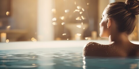Beautiful woman relaxing in swimming pool at spa center. Luxury lifestyle - generative ai - obrazy, fototapety, plakaty