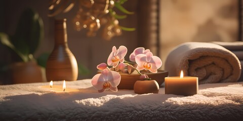 Obraz na płótnie Canvas Spa still life with orchid flowers, burning candles and towels - generative ai