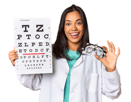 Young Filipina ophthalmologist with optometry glasses and test