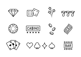 Poker icon set. Casino line icon set. Poker cards, dice and chips, slot machine symbols and money. Gambling icons set, casino and card, poker game. Vector illustration in linear style - obrazy, fototapety, plakaty
