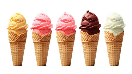 Delicious ice cream cones in five different colors, isolated on a white background.