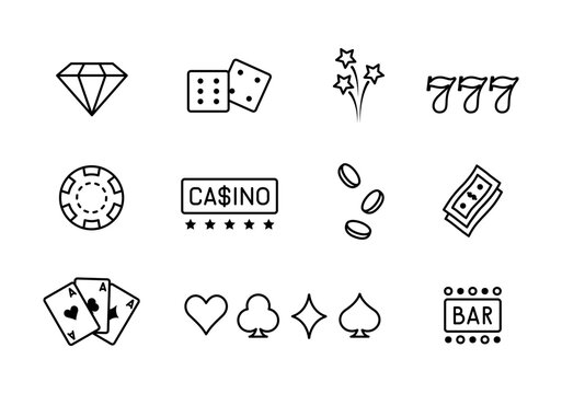 Poker icon set. Casino line icon set. Poker cards, dice and chips, slot machine symbols and money. Gambling icons set, casino and card, poker game. Vector illustration in linear style