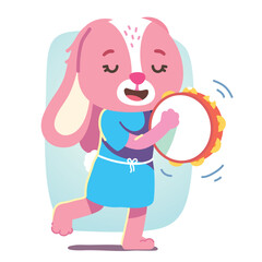Musician rabbit animal playing music tambourine. Artist bunny mascot kid cartoon character play percussion musical instrument. Performance, concert entertainment show concept flat vector illustration