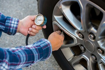4K Image: Close-Up of Checking Tire Pressure with Pressure Gauge