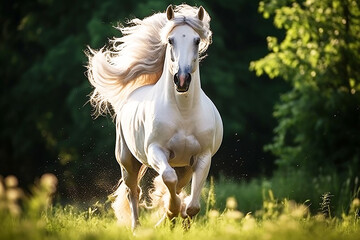 Beautiful horse with long mane on pasture, equestrian sport
