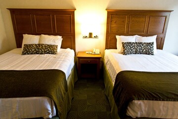 4K Image: Elegant Luxury Hotel Room with Two Queen Size Beds, Stylish Lamps, and Plush Pillows