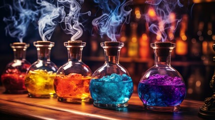 Obraz na płótnie Canvas carnival glass in bottles with colorful smoke coming out of them, copy space, 16:9