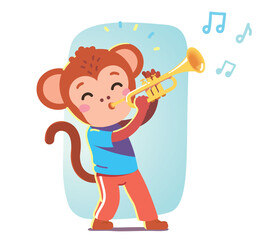 Musician monkey animal playing music trumpet. Artist mascot kid cartoon character hold blowing in wind musical instrument. Performance, concert entertainment show concept flat vector illustration