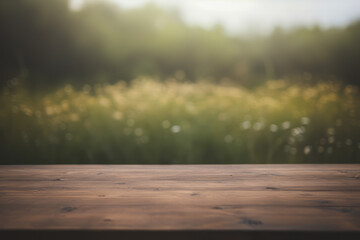 Fototapeta na wymiar a rustic wooden table top with a blurred serene meadow background