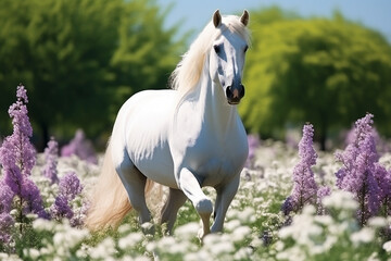 Obraz na płótnie Canvas White beautiful horse outdoors in summer