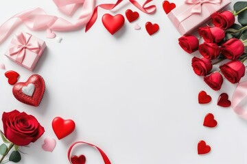 Valentine's day background. Red roses, gift box, hearts and ribbons on white background
