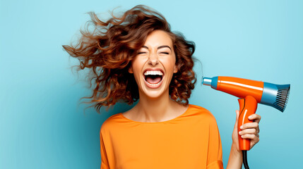 BEAUTIFUL LAUGHING WOMAN WITH LONG HAIR WITH HAIRDRYER IN STUDIO. legal AI - obrazy, fototapety, plakaty