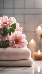 Soap, towel, flowers in bathroom, on blurred spa background