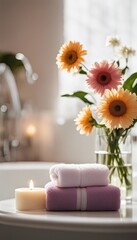 Soap, towel, flowers in bathroom, on blurred spa background