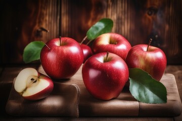 Ripe red apples on a wooden background. Selective focus