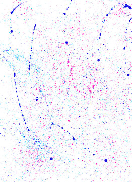 Fondo abstracto de salpicaduras vectorizadas, colores alegres, tintas a tres colores salpicadas. Textura estarcida divertida, naif. Chorro de pintura real, salpicado con spray. Azul, fucsia y celeste