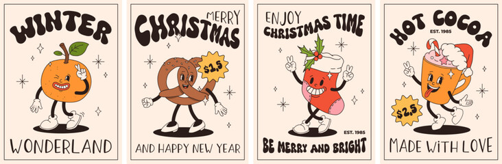 Groovy retro Christmas posters. Santa claus, christmas tree, ball, hot cocoa, present in trendy vintage cartoon style. Retro characters in 50s, 60s, 70s animation style - obrazy, fototapety, plakaty