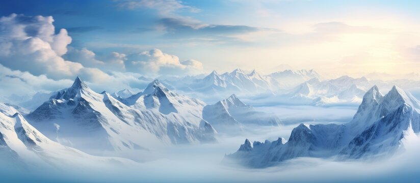 Beautiful Panoramic view landscape of snow in mountain peak. AI generated image