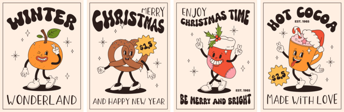 Groovy retro Christmas posters. Santa claus, christmas tree, ball, hot cocoa, present in trendy vintage cartoon style. Retro characters in 50s, 60s, 70s animation style