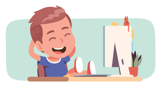 Happy boy kid relaxing at home desk with desktop computer. Cheerful child person laughing enjoying break sitting with feet on table. Relaxation, holidays, childhood leisure flat vector illustration