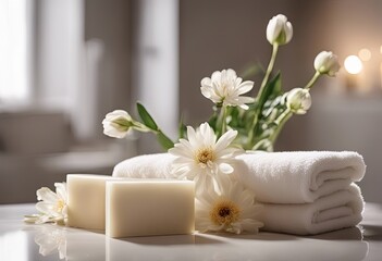 Fototapeta na wymiar Soap, towel, flowers in bathroom, on blurred spa background