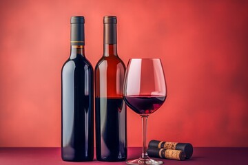 Glass with red wine and bottle of wine. Red background.