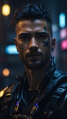 Cyberpunk Closeup Portrait of a Man with Neon Glows in Futuristic Cityscape  Ai Generated Image