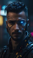 Cyberpunk Closeup Portrait of a Man with Neon Glows in Futuristic Cityscape  Ai Generated Image