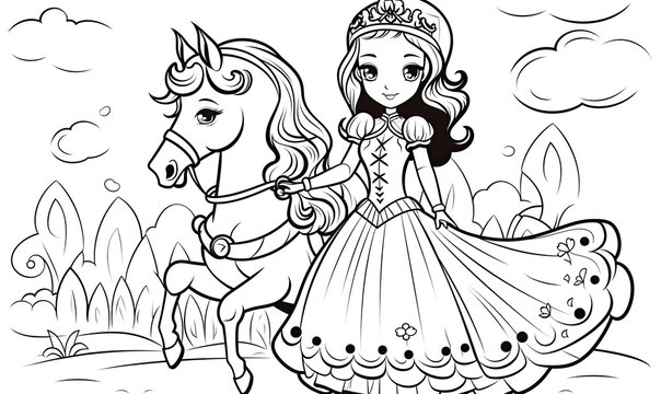 A princess riding a horse with a castle in the background