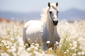 Obraz na płótnie Canvas White beautiful horse outdoors in summer