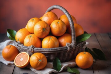 Oranges in a basket on a wooden table with nature background