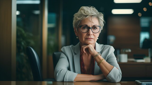 A professional mid aged woman exudes confidence in a corporate business setting, exemplifying a strong female leadership role while challenging ageism in the workplace.
