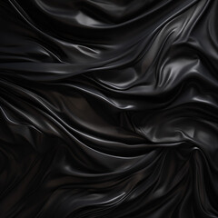 Black satin fabric with folds in waves. Glossy material in waves. Folds in fabric.