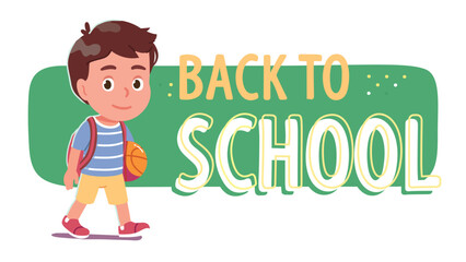 Schoolboy kid going back to school for education. Smiling student boy child person cartoon character walking carrying backpack, ball poster. Learning, study, knowledge card flat vector illustration