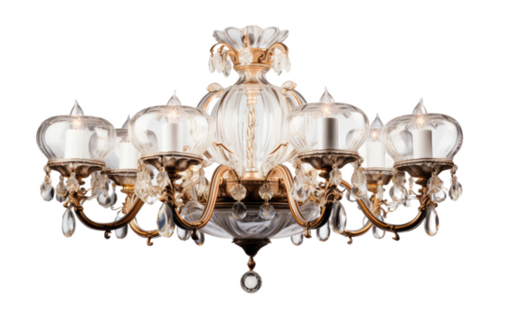 Glassy Illumination Chandelier on White or PNG Transparent Background..