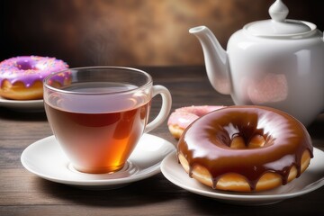 Cup of tea and donut on the table