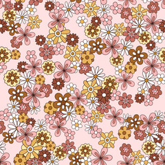 Vector retro floral seamless pattern in doodle style with cute flowers