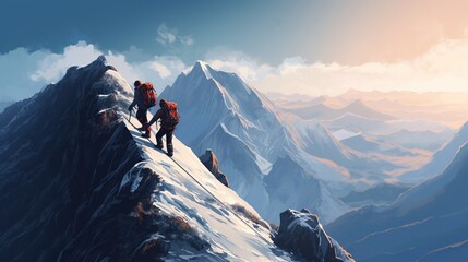 Two climbers join hands to help climb a rock reaching the top of a snowy mountain at sunny day - obrazy, fototapety, plakaty