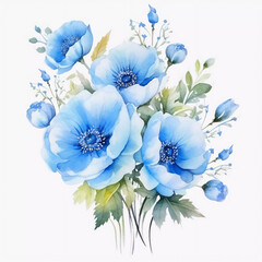 Watercolor beautiful bouquet of blue flowers on a clean white background